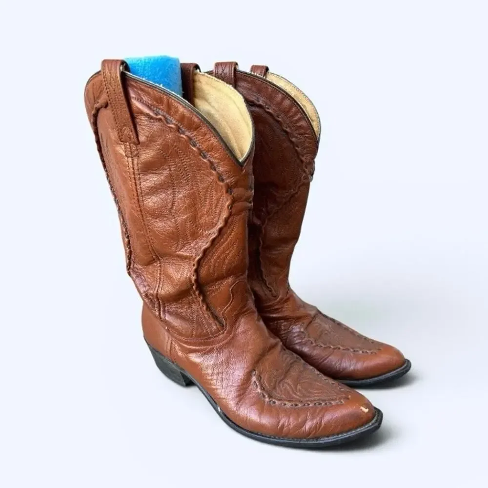 Vintage Western Cowboy Boots Men’s Size 12D Brown Leather Snip Toe Whip Stitched